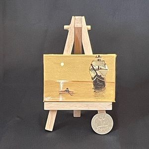Miniature 2”x3” Original Painting “Pirate Ship” With Display Easel.